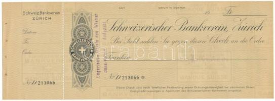Svájc "Schweiz Bankverein Zürich" kitöltetlen csekk "D213066", "Ungarische Filiale des Wiener Bank-Verein Budapes" (Bécsi Bankszövetség Magyarországi Fiókja) bélyegzéssel, hátoldalon "4 fillér" bélyeggel T:AU tűlyukak Switzerland "Schweiz Bankverein Zürich" blank check "D213066", "Ungarische Filiale des Wiener Bank-Verein Budapest" stamp and with "4 Fillér" stamp at the back C:AU pinholes
