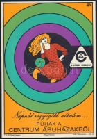 1972 Napnál ragyogóbb alkalom..., ruhák a Centrum Áruházakból, divatplakát, villamosplakát, papír, jelzés nélkül, Offset-nyomda, 24x17 cm. Magyar pop art plakát!