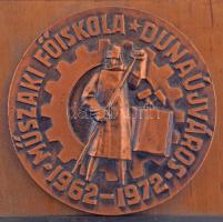 1972. "Műszaki Főiskola Dunaújváros 1962-1972" bronz emlékérem (60mm) és névre szóló lemezplakett fa posztamensen (100x97x26mm), eredeti tokban T:AU patina