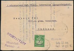 1946 (26. díjszabás) Nyomtatvány rajta 10 ezer AP bélyeg + 5000 AP készpénzes portóval "SÁROSPA...