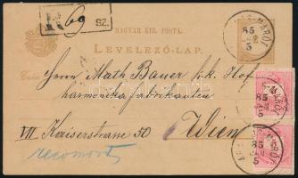 1885 Ajánlott díjjegyes levelezőlap 2 x 5kr díjkiegészítéssel, Aranyos-Marótról Bécsbe / Registered ...