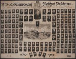 1941 Bp., a M. Kir. Államvasutak (MÁV) tisztképző tanfolyama 1940-1941, tablófotó, Nagy-Magyarországot és gőzmozdonyt ábrázoló irredenta grafikával, Botfán Mária budapesti műterméből, hátoldalán ragasztás nyomaival, 22x29 cm