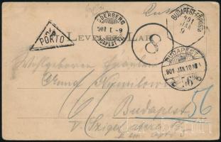 1901 Ruttka képeslap kézi ráírással, ODERBERG / BUDAPEST vasúti bélyegzéssel, 8f portóval és egyéb portó jelzésekkel / Postcard with railway postmark and 8f postage due