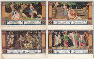 BUDAPEST - 12 db RÉGI képeslap: Egyetem utca 5. Erzsébet Királyné Szálló étterem és söröző pince, Sándor Béla falfestménye Petőfi Sándor János vitézéből, teljes sorozat / 12 pre 1945 wall paintings postcards, complete series