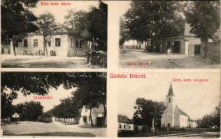 1913 Doba (Devecser), Római katolikus templom és iskola, utca részlet, Böhm üzlete. Kalmár fényképés...