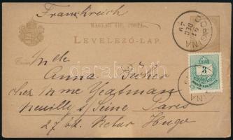 1891 2kr díjjegyes levelezőlap 3kr díjkiegészítéssel Párizsba / PS-card with additional franking to ...