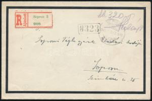 1945 (5. díjszabás) Ajánlott Sopron helyi levél 320 P kézi bérmentesítéssel / Registered local cover...