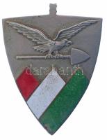 1944. "Egyetemi és Főiskolai Hallgatók Önkéntes Nemzeti Munkaszolgálata" zománcbetétes fém jelvény, hátlapon ferde rögzítőpántokkal (58x45mm) T:XF zománchiba Hungary 1944. "Egyetemi és Főiskolai Hallgatók Önkéntes Nemzeti Munkaszolgálata" badge with enamel inlay, on the back two oblique bands (58x45mm) C:XF enamel error