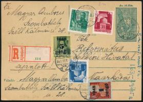 1945 (2. díjszabás) Ajánlott levelezőlap 5 db bélyeggel, szükségragjeggyel / Registered postcard wit...