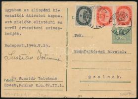 1946 (15. díjszabás) Levelezőlap 2 x 1 millió P + 4 millió P bélyeggel Budapestről Szolnokra / Domes...