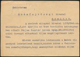 1946 (15. díjszabás) Levelezőlap 2 x 1 millió P + 4 millió P bélyeggel Budapestről Szolnokra / Domes...