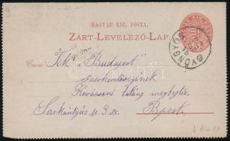 1889 5kr díjjegyes zárt levelezőlap / PS-cover card "GYÖNGYÖS"
