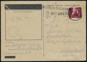 1947 Levelezőlap Magyar Posta szükség-, és "Pinkamindszent" vonalbélyegzéssel / Postcard with auxiliary and special postmark