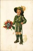 1935 Cserkész virággal / Hungarian boy scout art postcard s: Köves (fl)
