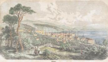 Fiume látképe, fametszet, későbbi színezéssel, Rusz Károly metszete, paszpartu, üvegezett fametszet, 14x24 cm, keret: 25x36 cm