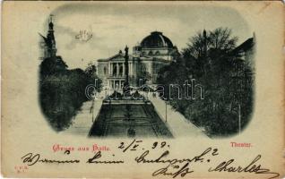 Halle, Theater / theatre at night in moonlight (small tears)