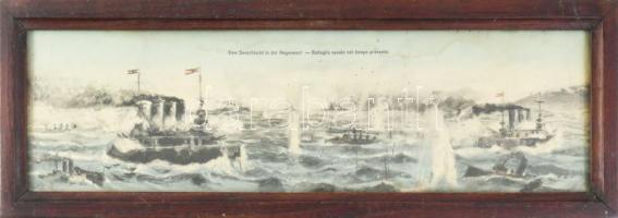 "Eine Seeschlacht in der Gegenwart - Battaglia navale nel tempo presente." Egy tengeri csata napjainkban, nyomat, foltos, üvegezett fakeretben, 15x43 cm