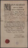 1847 Esztergom, polgárlevél Einczinger György (1806-1862) pékmester és felesége, Popp Alojzia (1808-1853) részére, Kollár Antal aljegyző (későbbi polgármester?) aláírásával, viaszpecséttel