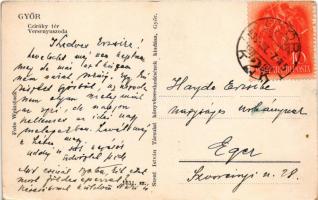 1938 Győr, Cziráky tér a versenyuszodával , fürdőzők, napozók, híd. A Szent István társulat kiadása ...