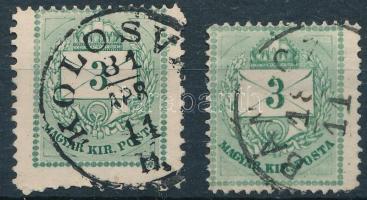 1874 3kr látványosan nagyobbra fogazva + elfogazott támpéldány