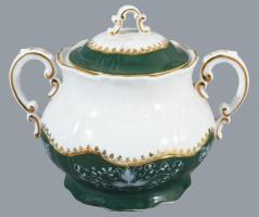 Zsolnay zöld Pompadour mintás teás és kávés készlet, egy cukortartóval, kiöntővel, kannával, jelzett...
