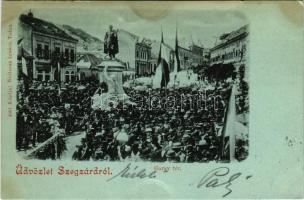 1899 Szekszárd, Fő tér, Garay János szobor avatási ünnepsége magyar zászlókkal. Weltmann Ignác kiadá...