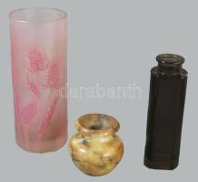 3 darab váza, savmaratott üveg, füstszínű díszüveg, zsírkő, m: 20 cm alatt