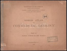 1921 World Atlas of Commercial Geology. Part II. Water Power of the World. Washington D.C., 1921, U.S. Geological Survey, 39 p.+ 8 t. Angol nyelven. Kiadói félvászon-kötésben, kissé sérült gerinccel, régi intézményi bélyegzővel, foltos borítóval és foltos elülső szennylappal.
