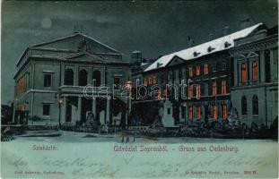 1899 Sopron, Színház tér télen, este holdfényben, Színház kávéház. Carl Schwarz, O. Schleich Nachf