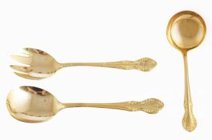 3 darab aranyozott szervírozókanál és villa, h: 21 cm