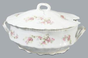 Virágmintás porcelán leveskínáló tál, jelzett, felületi sérüléssel, 30x15 cm