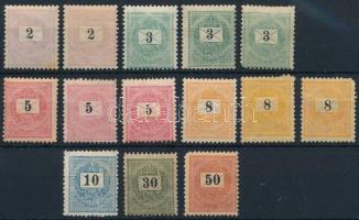 1889 14 db krajcáros bélyeg 12 : 11 3/4 fogazással, 10kr gumi nélkül / missing gum, 50kr újragumizva / regummed (vegyes minőség / mixed quality)