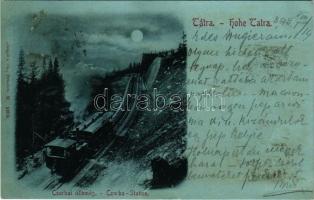 1899 Tátra, Magas Tátra, Vysoké Tatry; Fogaskerekű vasút, Csorba tó vasútállomás este holdfényben. S...