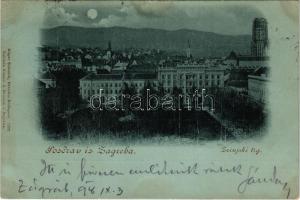 1898 Zagreb, Zágráb; Zrinjski trg / Zrínyi tér este holdfényben. Edgar Schmidt / square, park at nig...
