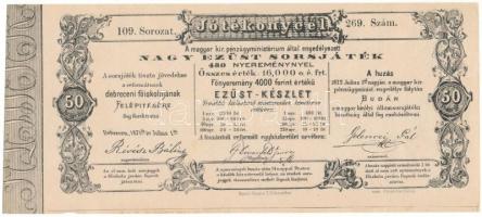 1871. Debrecen "Jótékony cél - Nagy Ezüst Sorsjáték" sorsjegye 50kr értékben a Debreceni Református Főiskola felépítésére, "109. 269." sorozat és sorszámmal T:AU nyomdai papírránc Hungary / Debrecen 1871. "Charity Lottery Ticket for the construction of the Reformed College of Debrecen" lottery ticket about 30 Kreuzer, with "109. 269." serial number C:AU printing crease