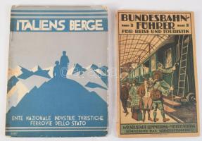 Italiens Berge. 1933, ENIT, 60 p. Fekete-fehér képanyaggal illusztrált. Kiadói illusztrált papírkötés, kissé kopott, kissé foltos borítóval, a borítószéleken kis szakadásokkal. + Österreichischer Bundesbahnführer für Reise und Touristik. Semmerlung-, Rax- und Schneeberggebiet. Bundesbahn Führer 3.Wien, 1925, Steyrermühl Verlag, 88 p.+1 t. Fekete-fehér fotókkal és egy kihajtható térképpel illusztrált. "Szolgálati példány." Kiadói papírkötés.