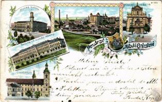 1898 Mladá Boleslav, Mestská budova, Kasárna c.k. zemské obrany, Dekansky chrám, Staré mesto. H. Glü...