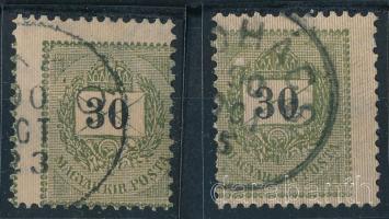 1889 2 db 30kr az ellentétes irányba elfogazva (sérült képoldal) / shifted perforation (damaged front)