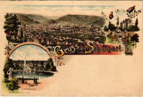 Stuttgart, Eugensbrunnen, K. Residenzschloss. Lith. Anst. D. Herrmann / fountain, castle. Art Nouvea...
