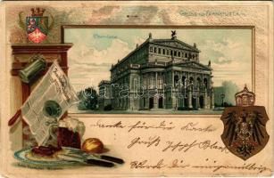 1907 Frankfurt am Main, Opernhaus, Wappen, ächte Frankfurter Würstchen / opera house, sausages, coat...