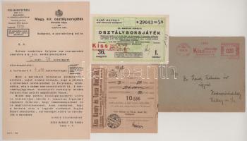 1936. "36. Magyar Királyi Osztálysorsjáték" 1. osztály egynyolcad sorsjegye "A", "Kiss Károly és Társa" bélyegzővel, felbélyegzett borítékkal, a cég levelével, játéktervével és tájékoztatójával, valamint a befizetésről szóló elismervénnyel T:AU,XF