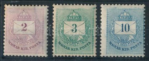 1881 2kr, 3kr, 10kr POSTATISZTA, festékcsíkokkal (2kr rozsda / stain)