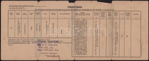 1939 Bakti Ferenc, a cs. és kir. 12. huszárezred (K. u. k. Husarenregiment Nr. 12) tart. őrmestere részére adományozott kitüntetések jegyzéke, a M. kir. Hadilevéltár által kiállított hiteles másolat, sérülésekkel, ragasztott