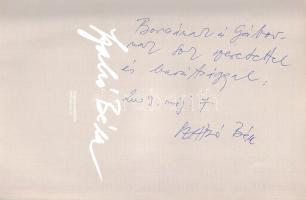 Szabó Béla (Dedikált képzőművészeti album.) Szigetszentmiklós, 2009. (Demax Művek ny.) 77 + [3] p. Egyetlen kiadás. Dedikált: ?Borcsának és Gábornak sok szeretettel és barátsággal: Szabó Béla. 2009. máj. 9?. Szabó Béla (sz. 1937), festőművész, művészpedagógus, a Képző- és Iparművészeti Szakközépiskola tanára, művészeti igazgatóhelyettese. Tanári pályája mellett figuratív festményeivel az 1960-as évektől szerepel kiállításokon, nagy méretű pannója Buzsák község házasságkötő termét díszíti. Kiadványunk a Marcali születésű, Szigetszentmiklóson alkotó művész 2008-2009. évi önálló tárlatai alkalmából készült. Prov.: Sárdi Gáborné Somogyi Borbála (1945-2018) művészettörténész, angol- és magyartanár, a Képző- és Iparművészeti Szakközépiskola pedagógusa, a tantestület örökös tagja, Sárdi Gábor építész, műemlékvédő. Fűzve, színes, illusztrált, felül enyhén elszíneződött kiadói borítóban.