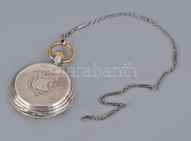 Dupla ezüst (Ag) fedeles zsebóra. Remontoir 15 köves szerkezettel, nem működik. számlapon repedés. d: 50 mm, hozzá óralánc
