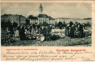 1899 Szeged, Széchenyi tér a városházával, piac (vágott / cut)