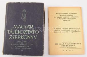 Magyar Tájékoztató Zsebkönyv. Föld és nép. Múlt és jelen. Külföldi kapcsolataink. Magyarország európai küldetése. Bp., 1941, Societas Carpatho-Danubiana, 1083+1 p. Kiadói papírkötés, kopott borítóval, deformált gerinccel. + Magyarország részleges reintegrálódása és egyéb területi változások a Kárpátmedencében 1938 óta. A dunai népek együttműködésére vonatkozó magyar tervek és állásfoglalások. Különlenyomat a Magyar Tájékoztató Zsebkönyv második kiadásából 1943. Kiadói papírkötés, 44 p.