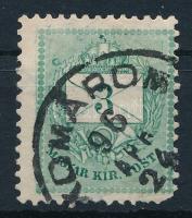1881 3kr a baloldali koszorú mellett kis körrel (sarokhiba / corner fault)