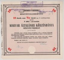 1926-1946. Budapest "Magyar Általános Kőszénbánya Részvénytársulat" részvénye 200P-ről (3x) + tíz részvénye egyben, 200P-ről (2x) magyar és német nyelven, bélyegzésekkel, szárazpecséttel + részvényelismervény 10db, egyenként 200P névértékű részvényről egyben, bélyegzésekkel (3x) T:F-VG
