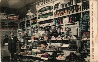 Budapest II. Élő Ferenc fűszer és csemege kereskedése, üzlet belső a személyzettel. Margit körút 26....